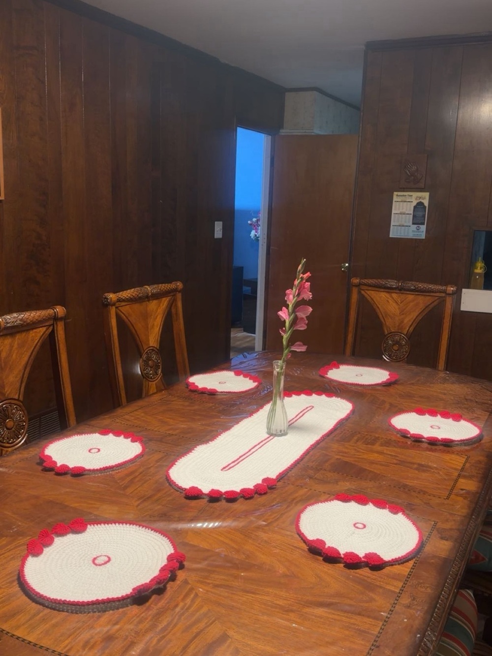Handmade Crochet Table Runner and Placemats Set in White and Red